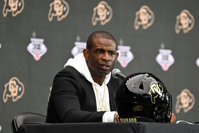 Jul 10, 2024; Las Vegas, NV, USA; Colorado Buffaloes head coach Deion Sanders speaks to the media during the Big 12 Media Days at Allegiant Stadium. Mandatory Credit: Candice Ward-USA TODAY Sports