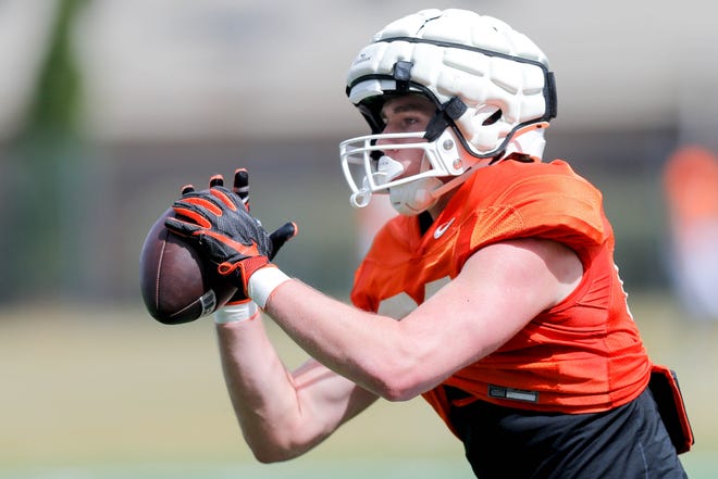 Ohio transfer tight end Tyler Foster makes a catch during OSU spring football practice on April 2 in Stillwater.